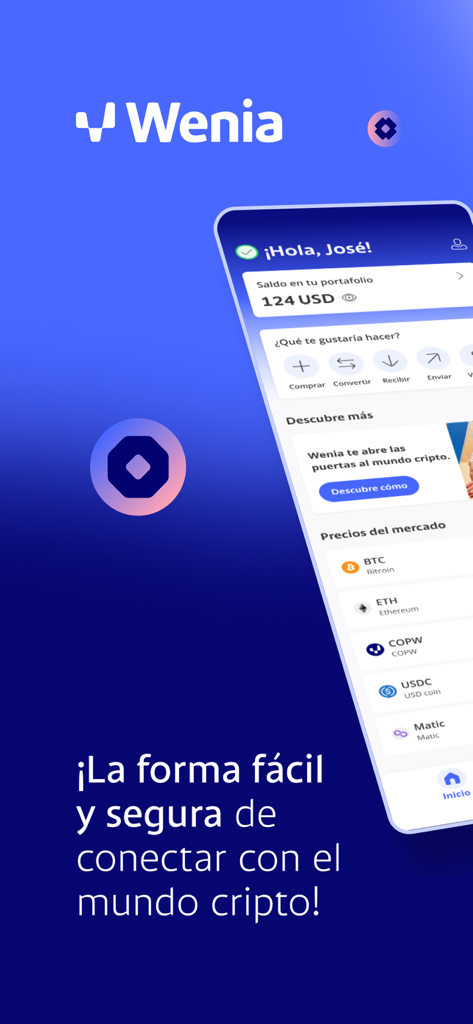 Smartphone mostrando la pantalla de inicio de la app de criptomonedas Wenia y el portafolio