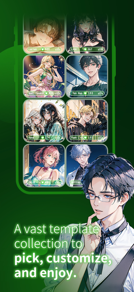 A selection of anime style AI characters available for roleplay in the FLAI app