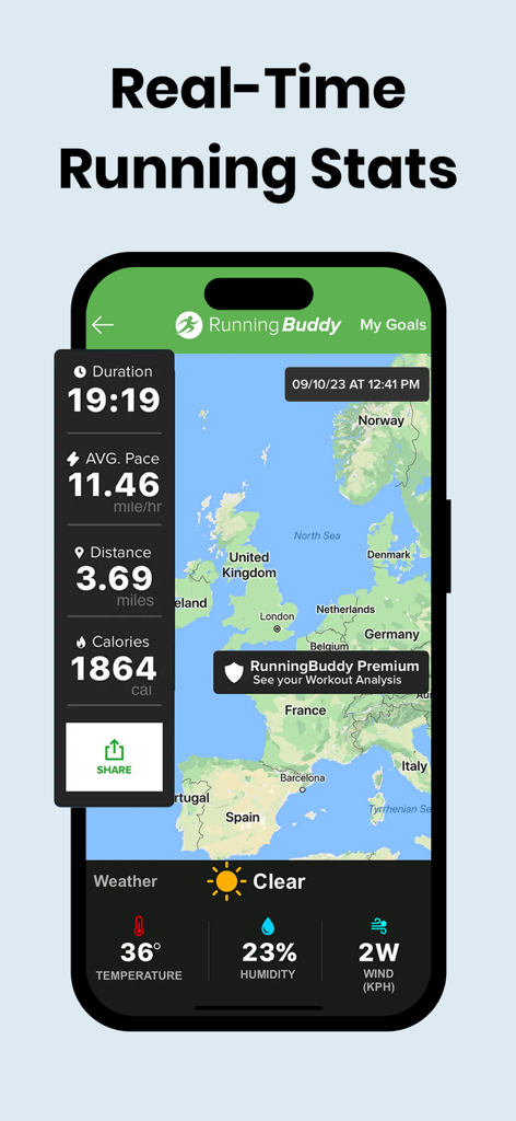 Running Workout Step Tracker - Running app interface showing real-time statistics for duration pace distance and calories over a GPS map