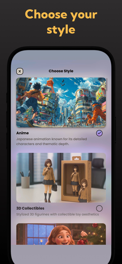 Smartphone-Bildschirm, der verschiedene KI-Cartoon-Kunststile anzeigt, darunter Anime und 3D-Sammlerstücke.