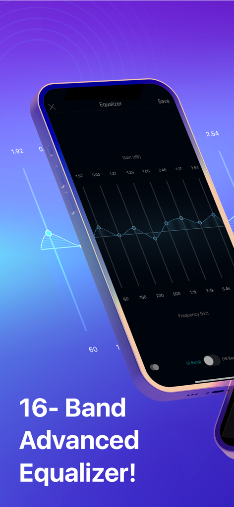 iPhone screen showing the 16-band advanced equalizer interface in the Boom music app