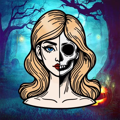 bust of a woman, half face and hair, half skull