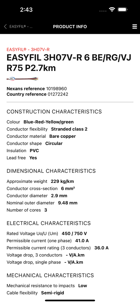 Nexans - Technical specifications and product information for Nexans Easyfil cable displayed on a mobile app screen