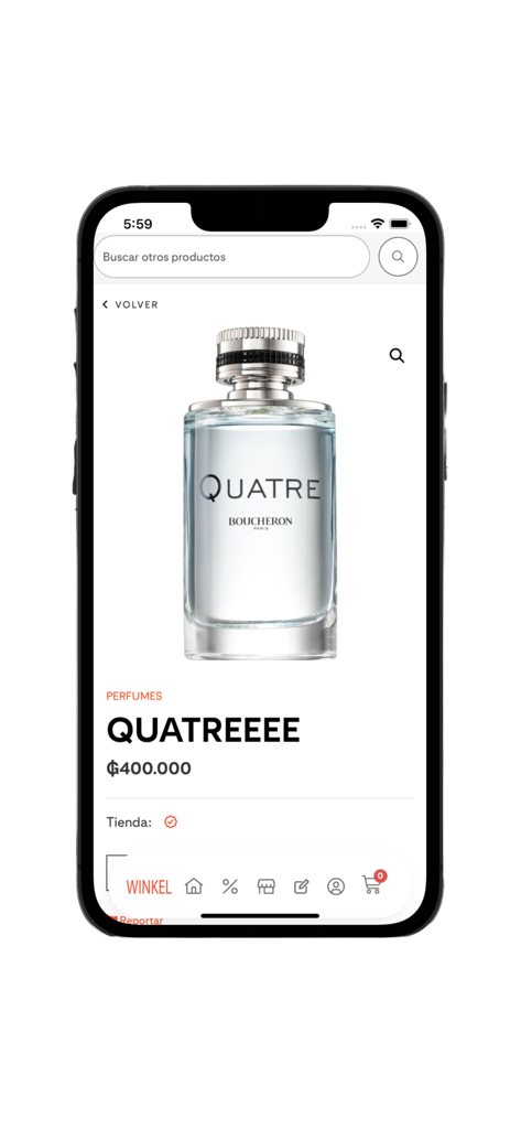 Interface do aplicativo móvel da Winkel mostrando a página de um produto de perfume Boucheron Quatre em espanhol