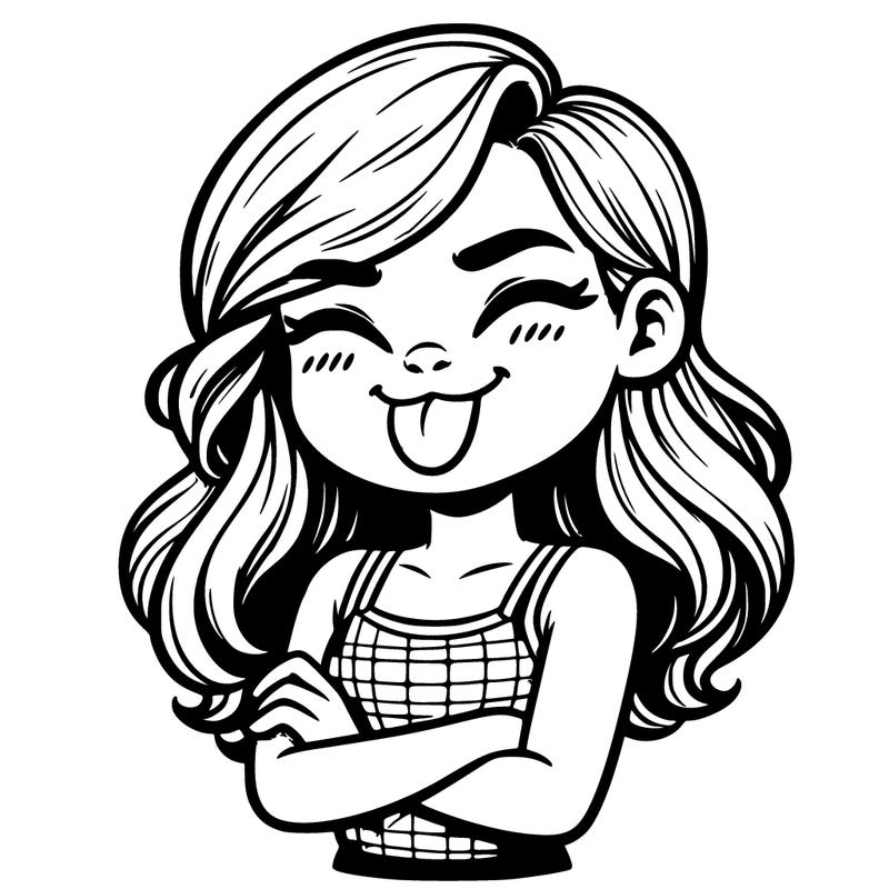 realistic girl crossing her arms and wearing a tank top with her tongue held out she has long hair