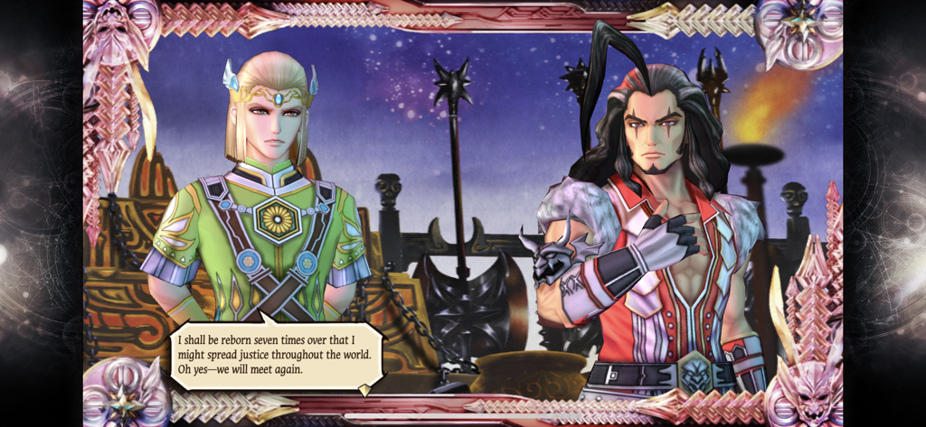 A dialogue scene between two main characters in SaGa SCARLET GRACE AMBITIONS