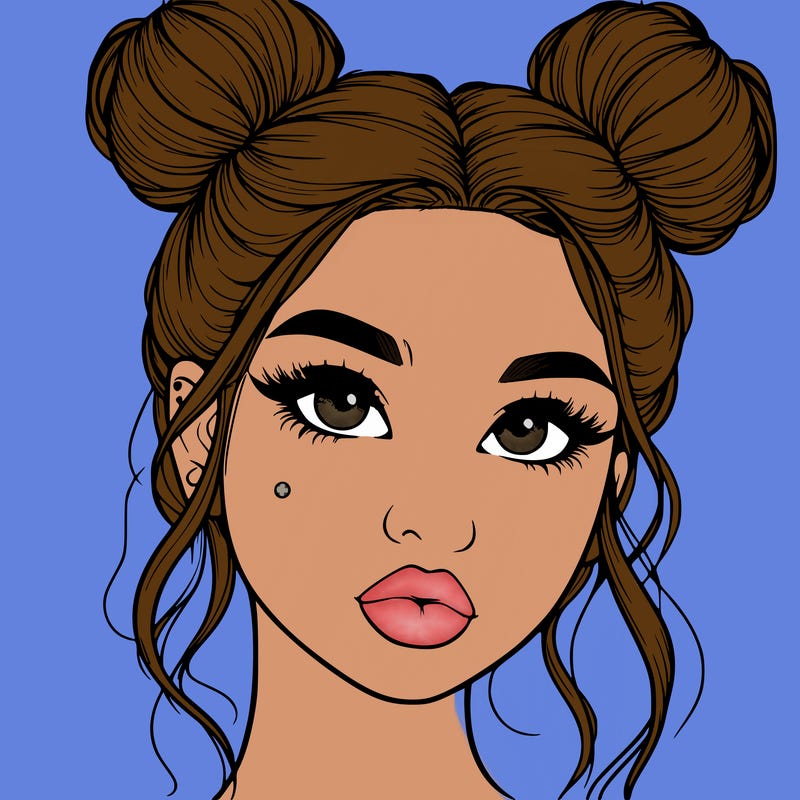 realistic girl with two buns on her hair and lips