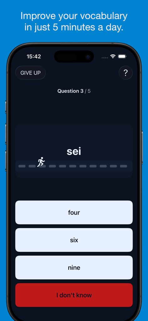 Basic Italian Vocabulary App - A multiple choice vocabulary quiz screen in the Basic Italian Vocabulary App showing the Italian word sei.