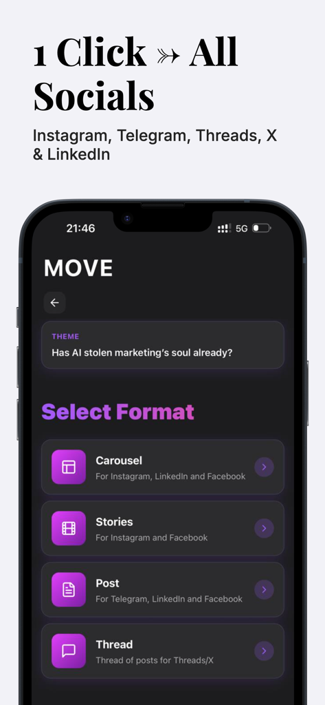 MOVE:AI Carousel & Reels Maker - MOVE AI app interface showing selection for social media formats like carousel stories and posts