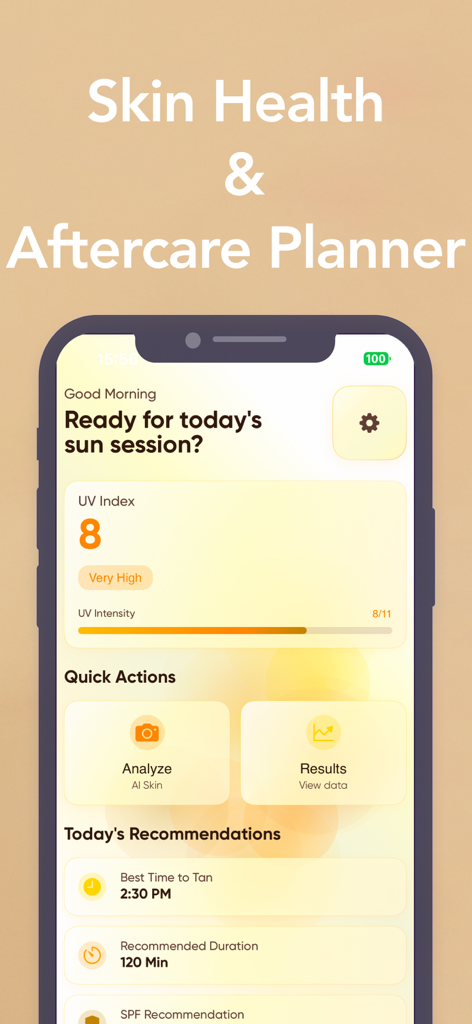 Palm Beach Tan Sunshade app dashboard showing UV index and daily tanning recommendations