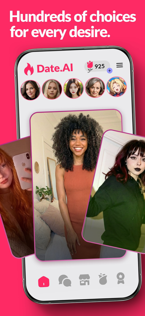 Date.AI - Virtual Lovers - Interfaz de la app Date.AI mostrando múltiples perfiles de parejas virtuales y el texto Cientos de opciones para cada deseo.