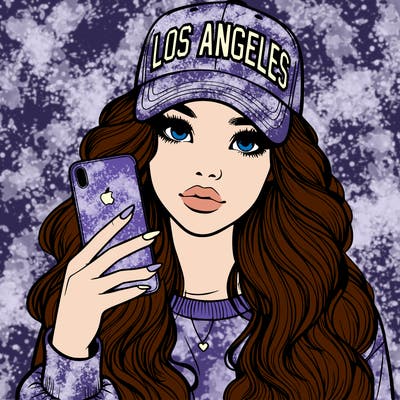 realistic beautiful girl wearing los ángeles cap holding an iphone