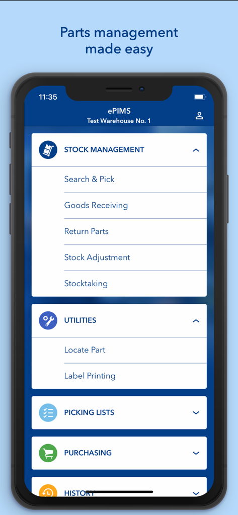 在庫管理、ユーティリティ、ピッキングリストのセクションを示すePIMSアプリのメインメニュー