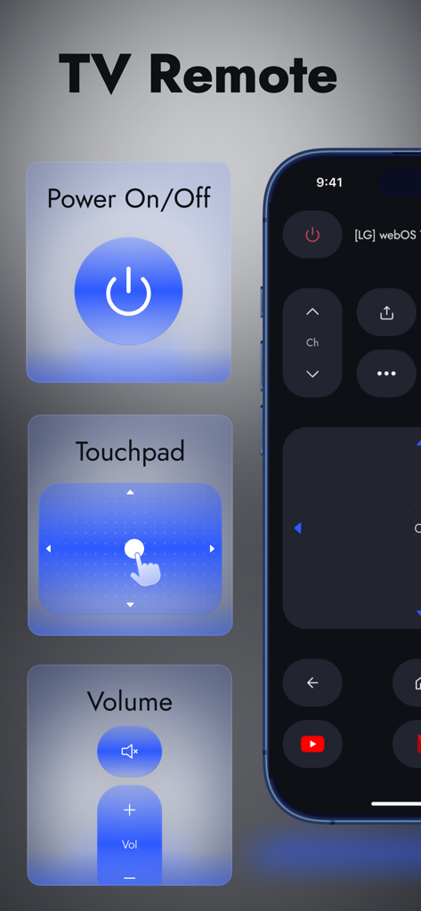 Smartphone displaying the universal tv remote app with power touchpad and volume controls