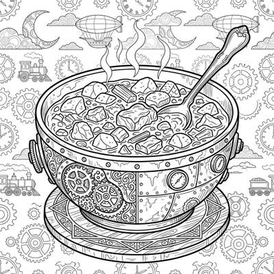 Embark on a fantastical coloring journey with this unique Steampunk Lamb Stew design. This intricate page blends culinary comfort with imaginative industrial artistry, perfect for advanced colorists.