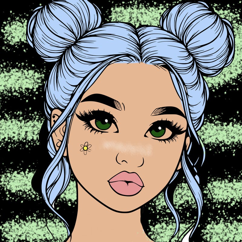 realistic girl with two buns on her hair and lips