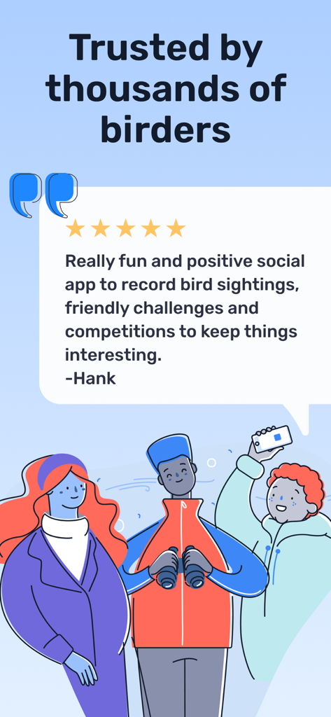 Birda – Birding Made Better - 人々がバードウォッチングをしているイラストをフィーチャーしたBirdaアプリの5つ星ユーザーレビュー