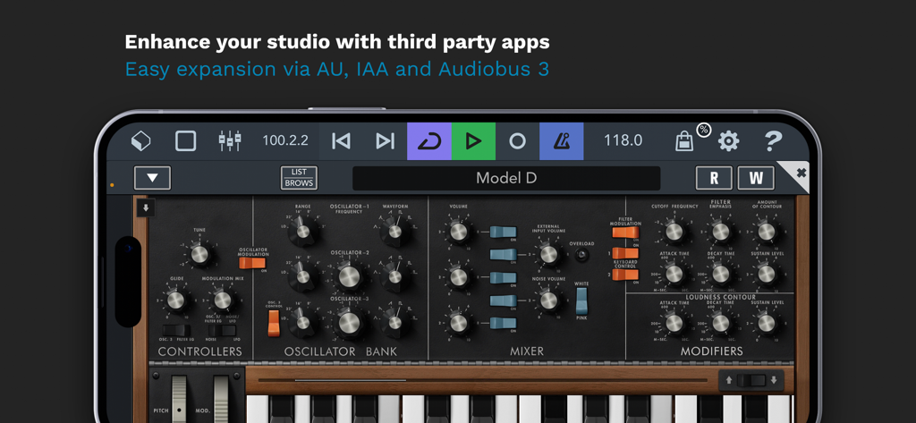 Cubasis 3 - DAW & Music Studio - Interfaccia dell'app mobile Cubasis 3 che mostra l'integrazione di sintetizzatori di terze parti su un iPhone