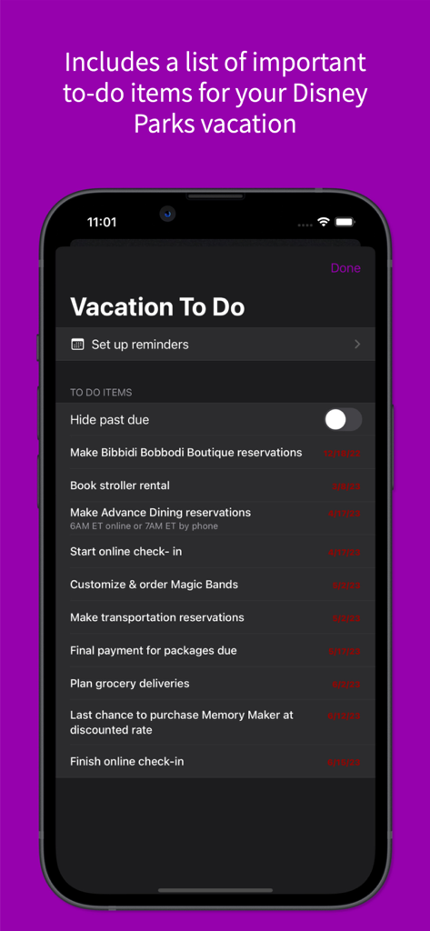 Una pantalla de aplicación móvil que muestra una lista de tareas de vacaciones para un viaje a Disney con tareas y fechas límite.