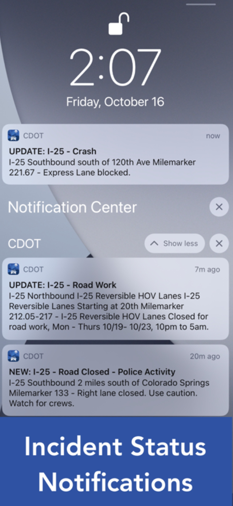 iPhone lock screen showing CDOT app push notifications for I-25 traffic crashes and road closures