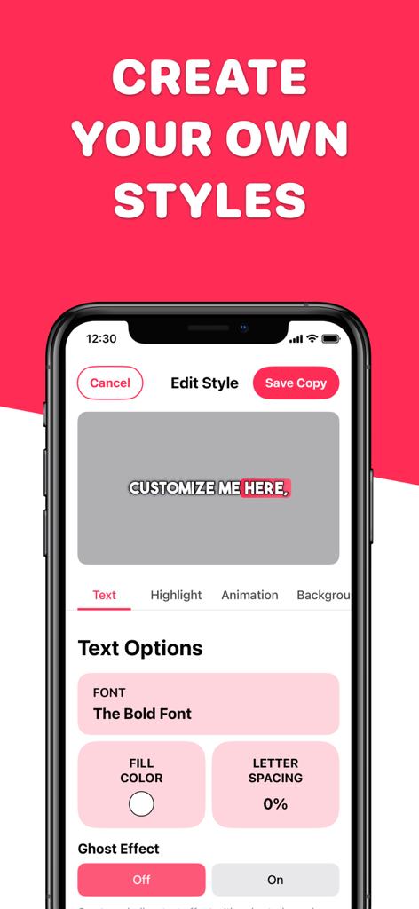 Auto Caption Video Subtitles - Mobile App-Oberfläche zur Anpassung von Videountertitelstilen mit Schriftart- und Farboptionen