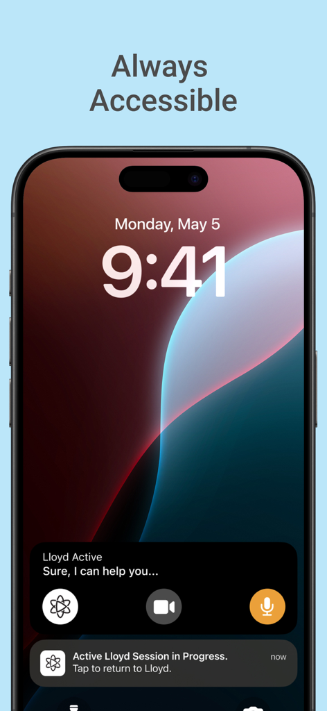 Lloyd - Your AI Superpower - Notificación de la aplicación Lloyd AI en la pantalla de bloqueo de un iPhone que muestra una sesión activa