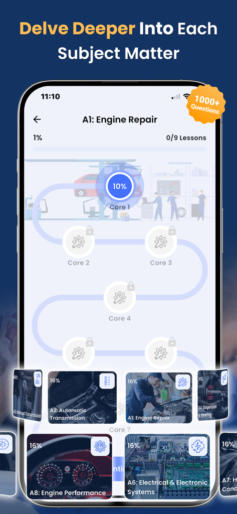 ASE A-Series Test Prep app displaying A1 Engine Repair lesson modules