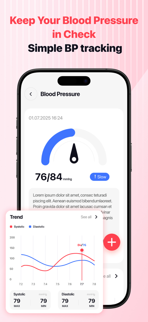 Interface of HeartSnap app showing a blood pressure gauge and historical trend charts for systolic and diastolic readings