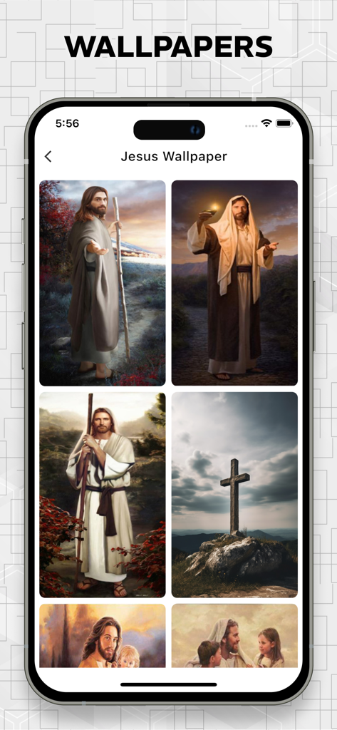 Biblia Israelita Nazarena, VIN - Mobile app screen showing a selection of religious wallpapers featuring Jesus and a cross on a hill