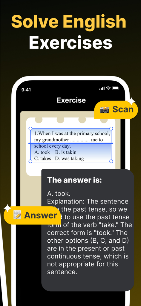 4Ask app showing the snap and solve feature for English grammar exercises with detailed explanations