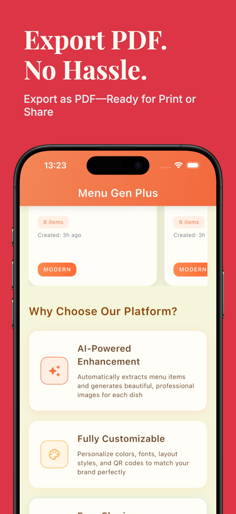 Interface of MenuGen app showing PDF export and AI menu enhancement features for restaurant owners