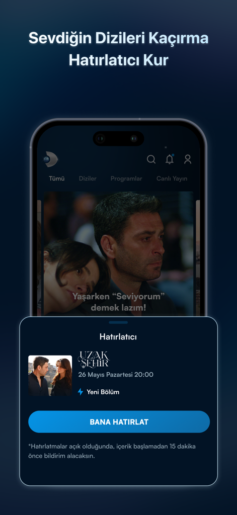 Interfaccia dell'app Kanal D che mostra la funzione di impostazione promemoria per le serie TV.