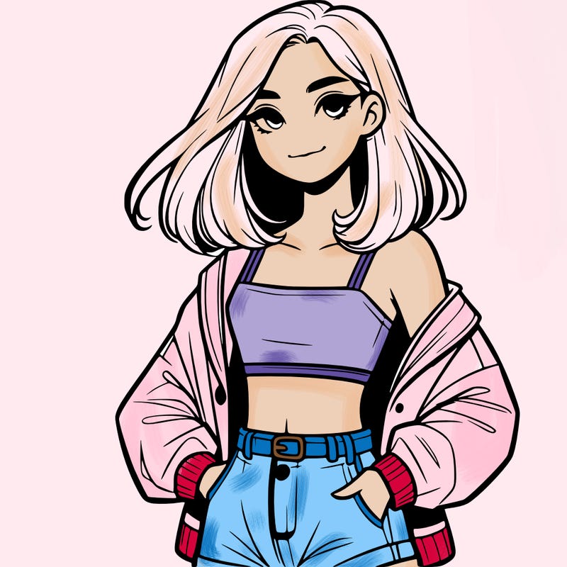 a realistic girl with a crop top and short shorts in an open jacket