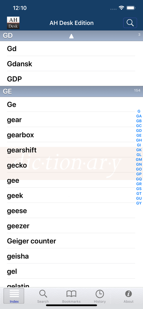 American Heritage® Desk - The alphabetical index screen of the American Heritage Desk dictionary app showing a list of words starting with the letter G