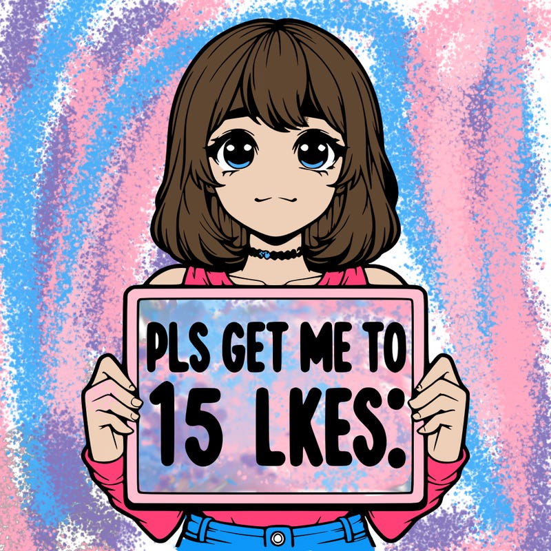 realistic girl holding up a sign that says “pls get me to 15 likes!”