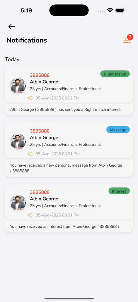 M4marry app notifications screen showing interests and messages from potential matches