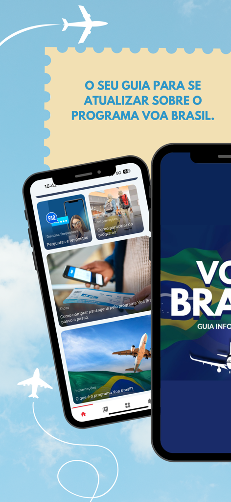Programa Voa Brasil - Two smartphones showing the Programa Voa Brasil informational guide and menu