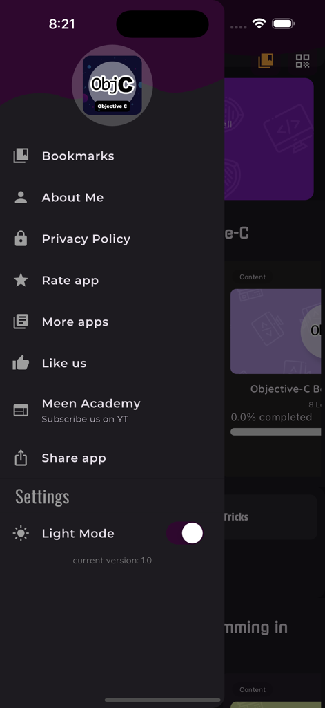 Learn Objective C Programming - Seitennavigationsschublade der Learn Objective C Programming App mit Lesezeichen, Einstellungen und einem Schalter für den Dunkelmodus.