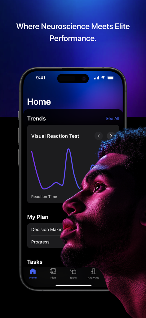 Soma NPT - Soma NPT app interface showing visual reaction test trends and performance analytics for elite training.