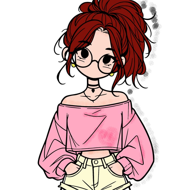 girl with a messy ponytail glasses a baggy crop top and jean shorts