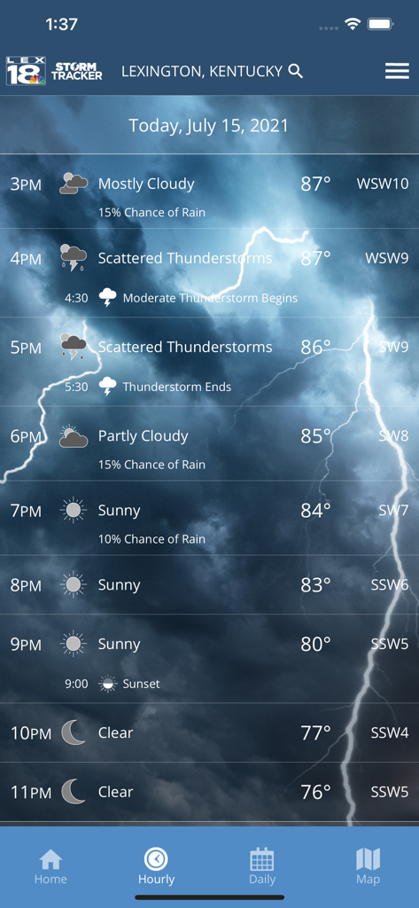 Hourly weather forecast screen for Lexington Kentucky in the LEX18 Storm Tracker app
