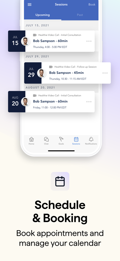 Healthie - Healthie app interface showing the schedule and booking screen with upcoming telehealth sessions