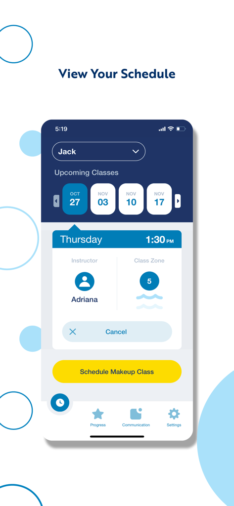 Aqua-Tots - Aqua-Tots app interface displaying upcoming swim lessons for a child with options to cancel or schedule a makeup class.