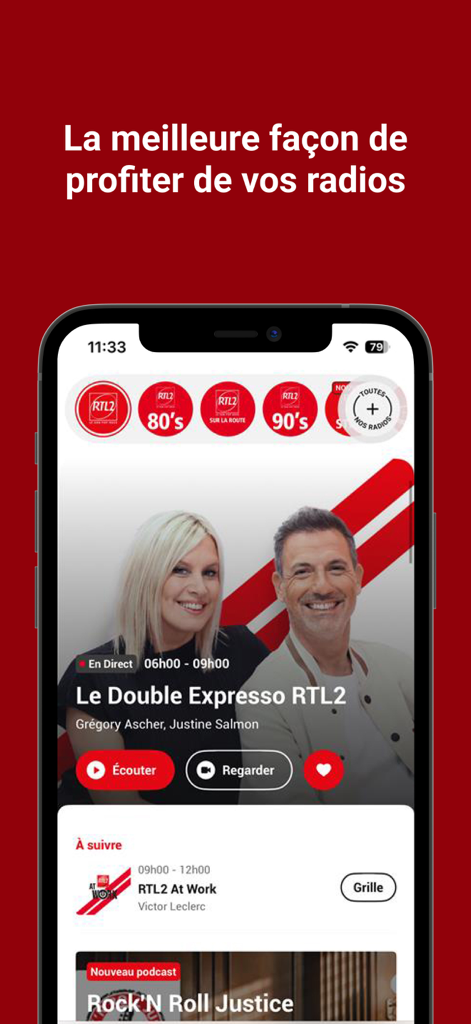 RTL2 - Le Son Pop-Rock - RTL2 mobile app home screen showing the Le Double Expresso live radio broadcast