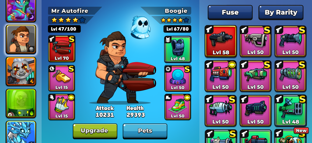 Mr. Autofire character equipment and weapon inventory screen showing hero stats and various upgradable guns.