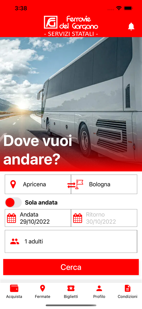 Ferrovie del Gargano - Schermata di ricerca dell'app Ferrovie del Gargano per la prenotazione di biglietti di autobus e treni in Italia
