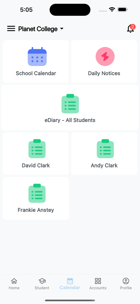 ParentOrbit app dashboard showing school calendar daily notices and student diaries