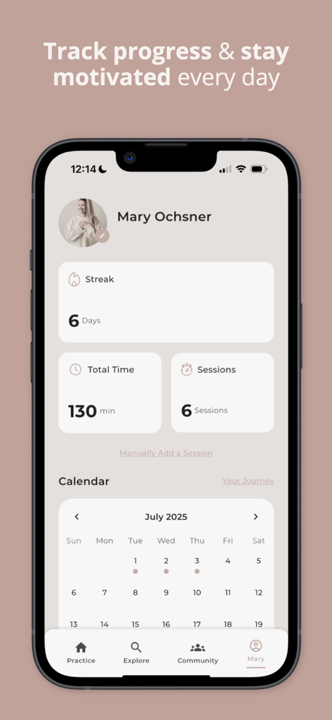 Yoga plus Mary app progress tracking dashboard showing workout streaks and practice calendar