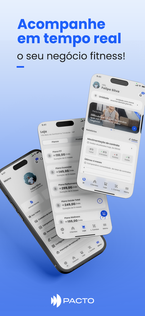 Pacto App - Three iPhones displaying the Pacto App fitness management dashboard and membership plan lists