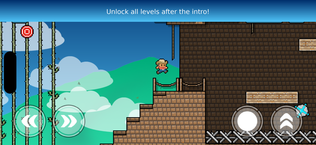 2D pixel art platformer gameplay with a character in a cowboy hat